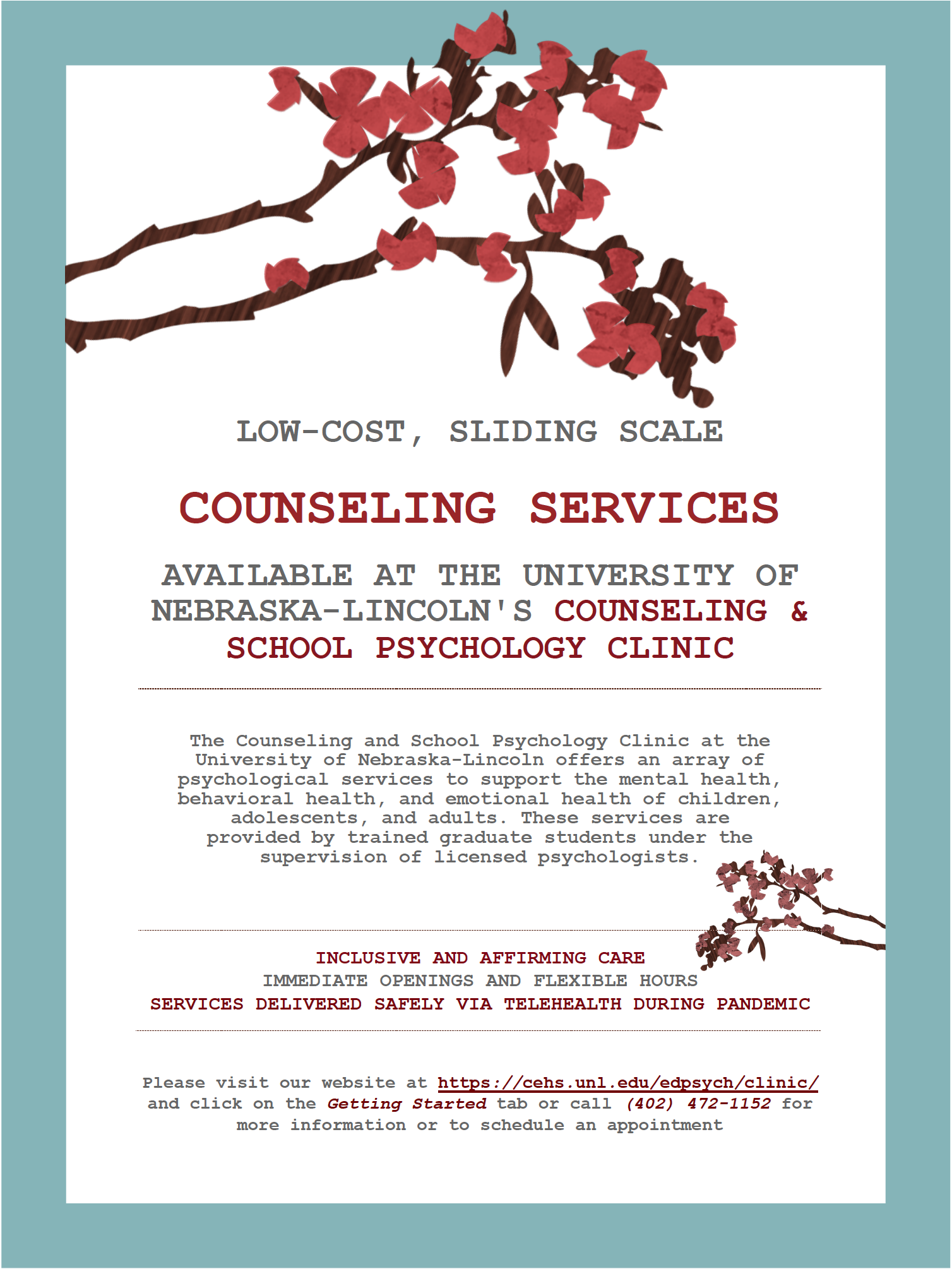 The Counseling and School Psychology Clinic (CSPC) located in Teacher's College Hall offers culturally sensitive and gender-affirming counseling to students, faculty, and staff at the University of Nebraska–Lincoln. 