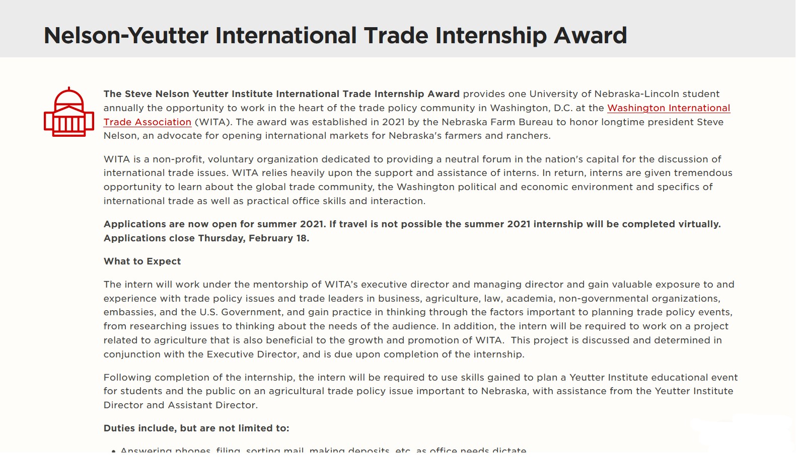 Steve Nelson Yeutter Institute International Trade Internship Award