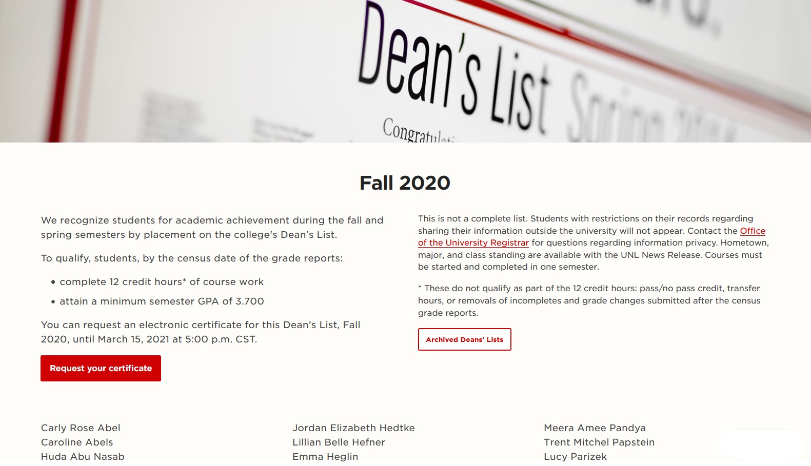 Fall 2020 Dean's List