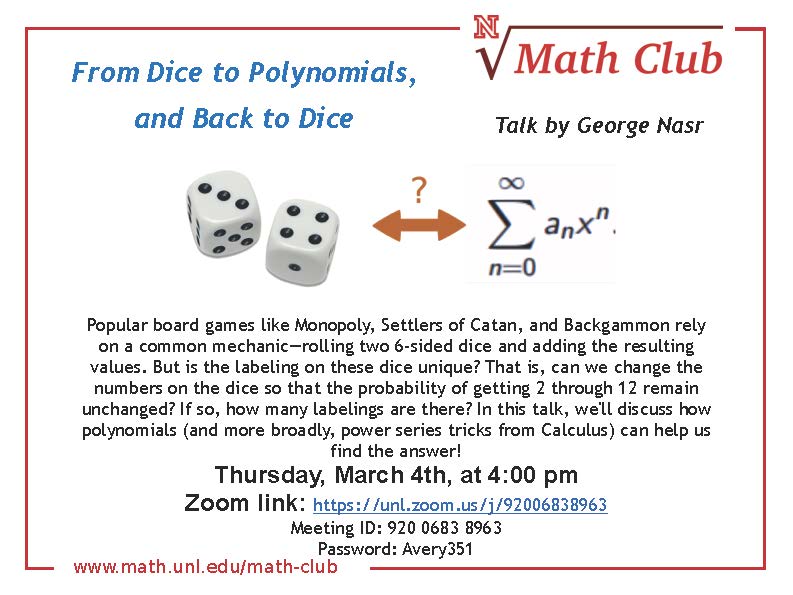Math Club: From Dice to Polynomials, and Back to Dice