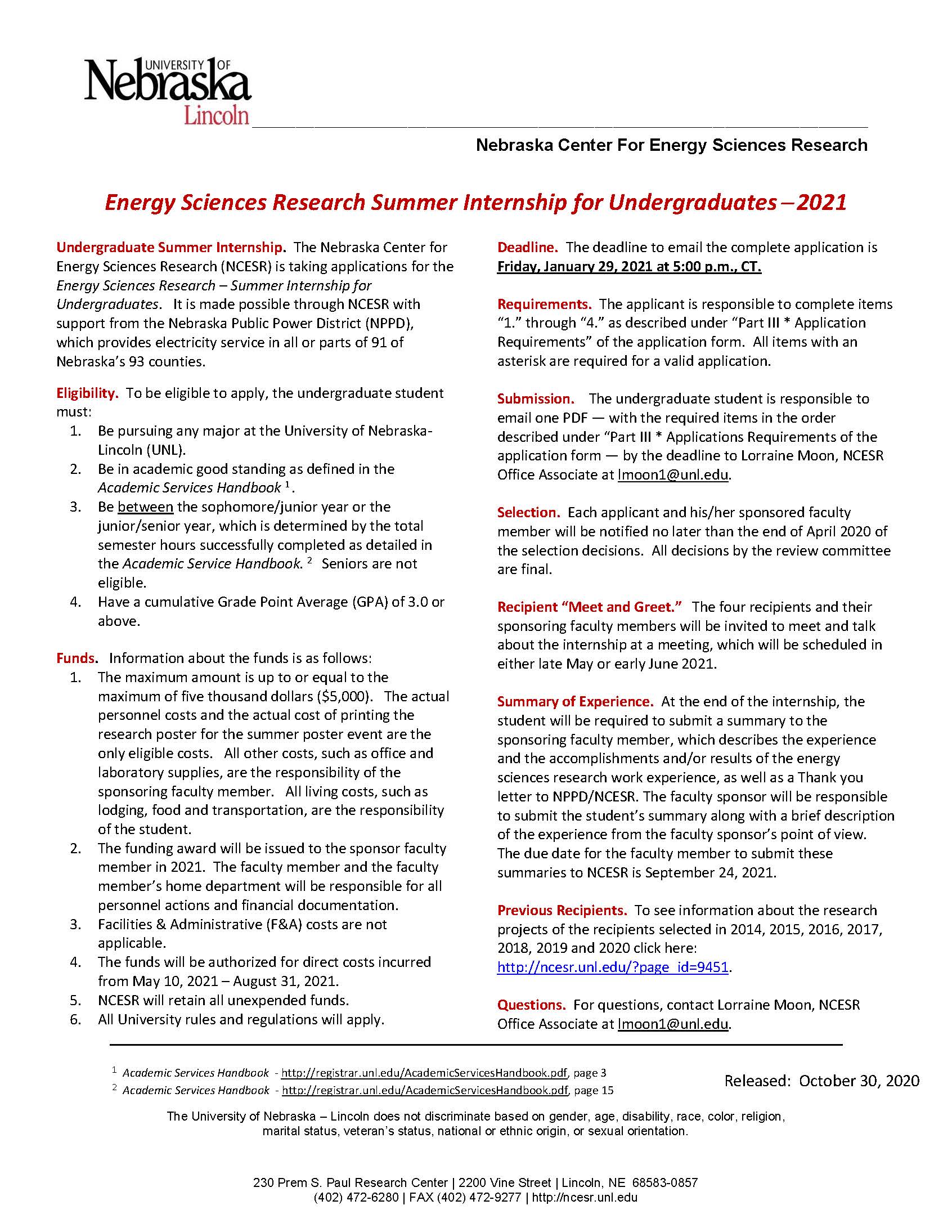 Energy Sciences Research Summer Internship for Undergraduates