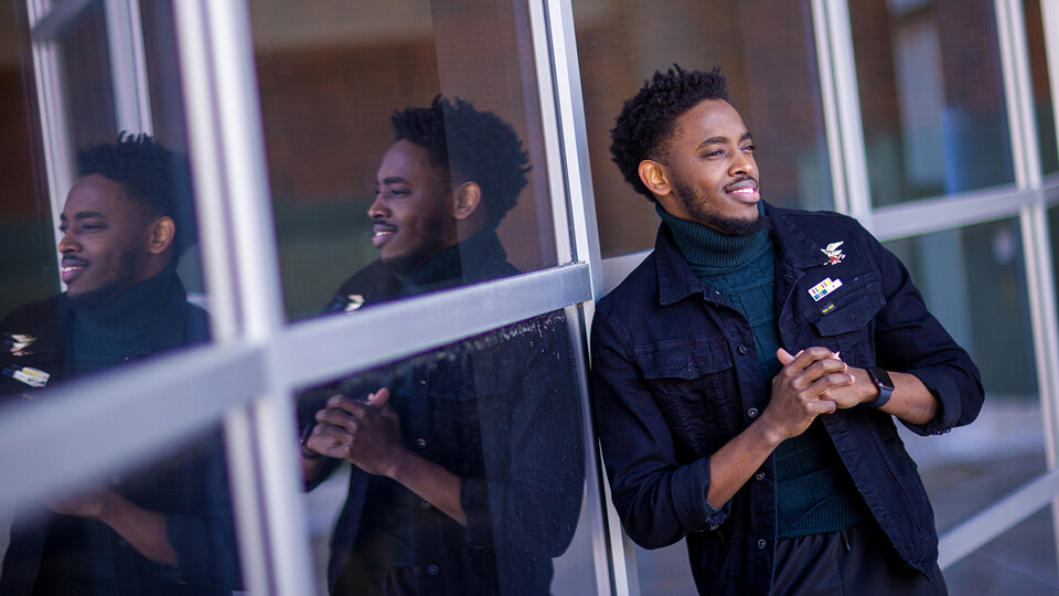 Damien Niyonshuti, an integrated science major from Kigali, Rwanda, stands in front of the Gaughan Multicultural Center. He hopes to use his leadership and involvement experiences at Nebraska to benefit others. 