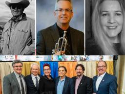 Clockwise from upper left: Maurice M. Dixon, Jr.; Robert Krueger; Kara Thomson; The Johnny Carson Foundation with Dean Chuck O'Connor and Carson Center Founding Director Megan Elliott.