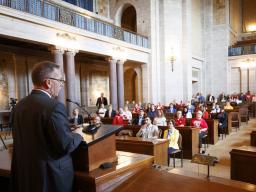 Chancellor Ronnie Green talks to NU supporters at the start of the advocacy day event in 2019. This year's weeklong event will be virtual, due to the COVID-19 pandemic. Craig Chandler | University Communication