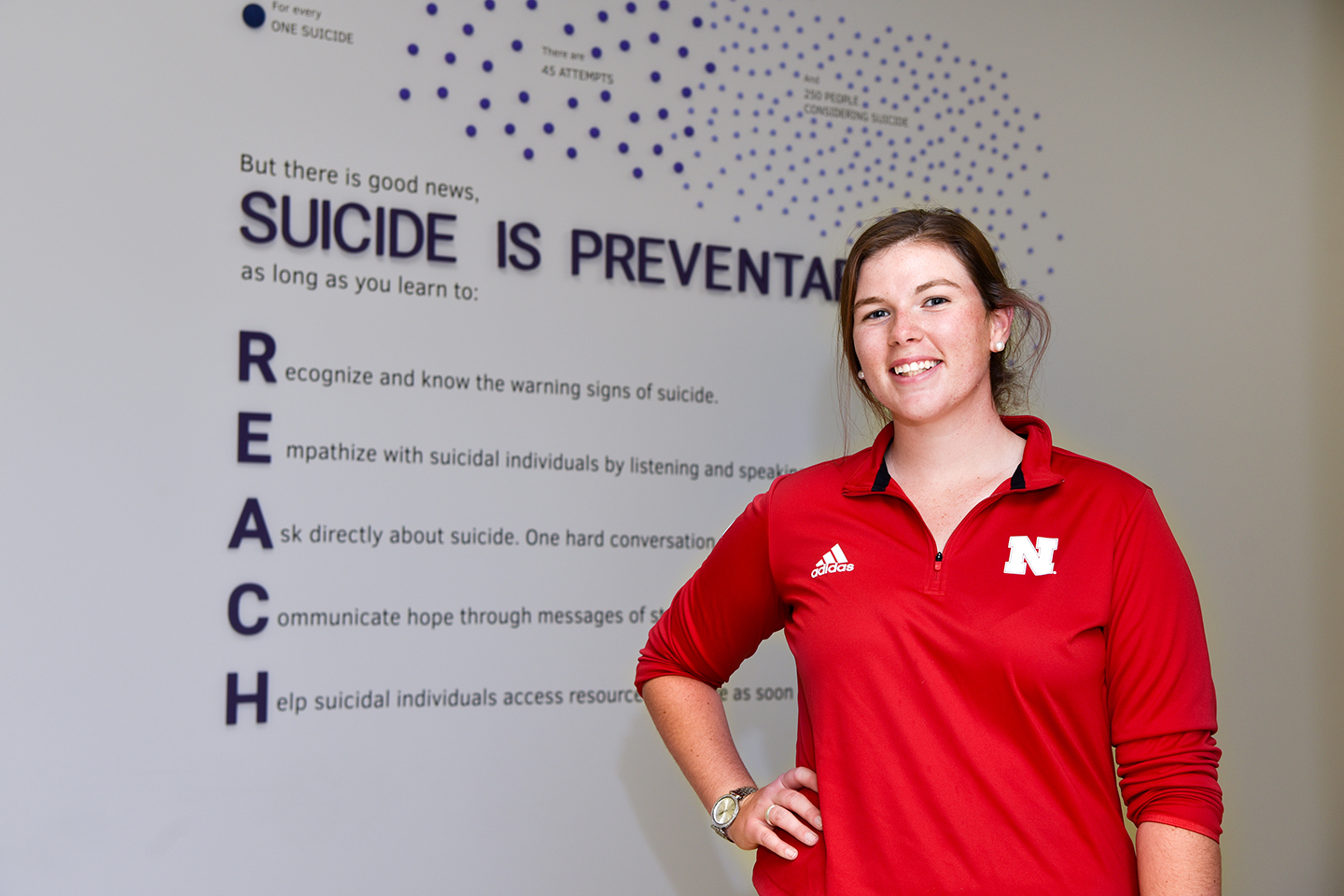 Kate Smith, senior graphic design major from Detroit Lakes, Minnesota, used her artistic talents and background working in mental health to create a display highlighting the importance of suicide prevention and spread the message that even one conversatio