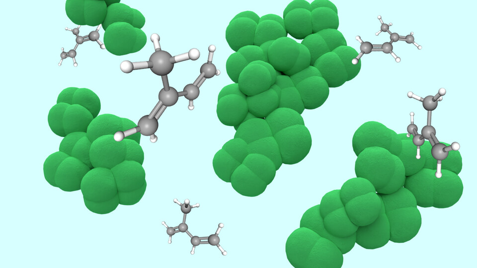 A rendering of methane-producing microorganisms and molecules of isoprene, the primary chemical component of synthetic rubber. A strain engineered by Nebraska's Nicole Buan and colleagues has yielded isoprene levels that outpace those of yeast, E. coli an