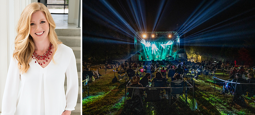 Left: Stephanie Taylor. Right: One of Taylor's clients, The Caverns, built an outdoor amphitheater to host outdoor concerts. It was one of the first venues in the world to launch a pod-based concert model. Photo by Erika Goldring.