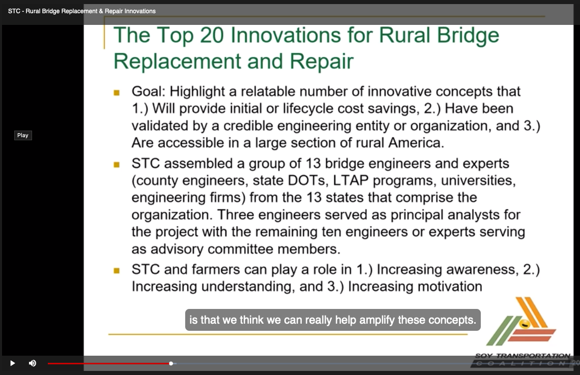 Revisit the webinar where the Soybean Transportation Coalition shared low-cost and innovative bridge strategies for rural bridges.