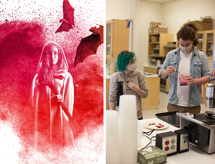 Left: “Dracula: Mina’s Quest.” Right: Carson School graduate students Camille Lerner and Nathan Alexander test the blood created at the Food Innovation Center. Photo by Eddy Aldana.