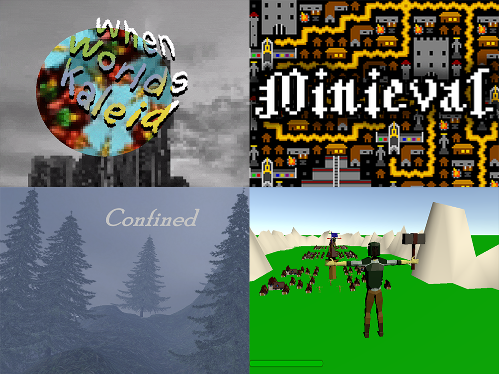 Game Development Clubs four latest projects: When Worlds Kaleid, Minieval, Confined, and Giant's Conquest