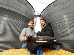 Ben Johnson (left) and Zane Zents recently won a Lemelson-MIT Student Prize for their grain-safety robot, the Grain Weevil.