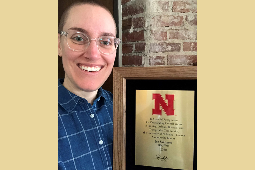 Jen Skidmore, director of student development, received the 2020 Chancellor’s Award for Outstanding Contributions to the Gay, Lesbian, Bisexual and Transgender Community.