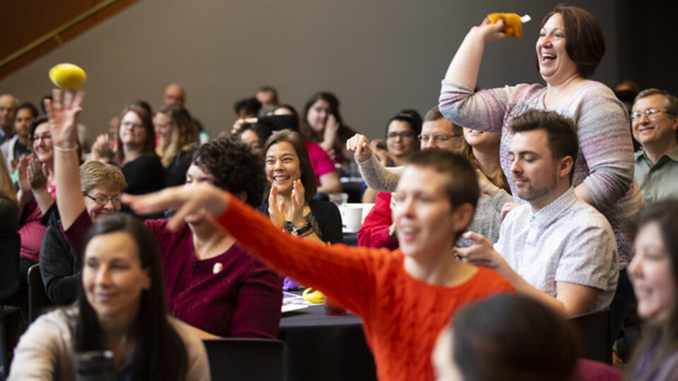 The crowd cheers and throws teddy bears at the 2019 Science Slam. Courtesy photo