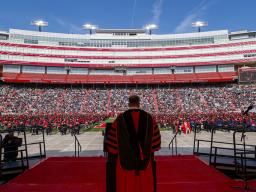 Chancellor Ronnie Green welcomes graduates and guests to the first of two undergraduate commencement ceremonies on May 8 in Memorial Stadium. [Craig Chandler | University Communication] 