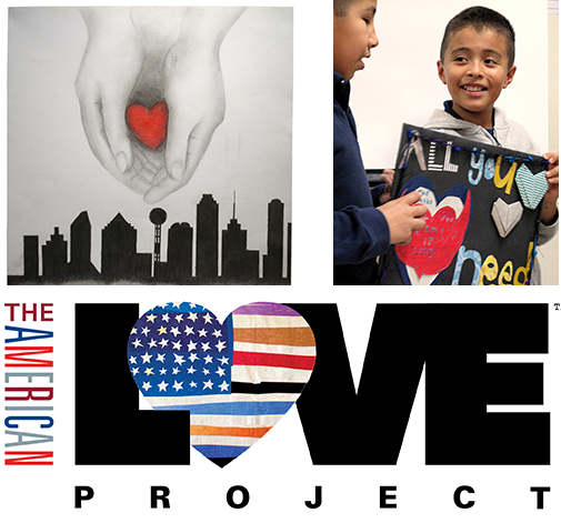 Clockwise from bottom: Karen Blessen’s 29 Pieces is launching The American Love Project; Art by Mariangelis Pagan. Two boys share their LOVE project artwork. Photo by John Katz.