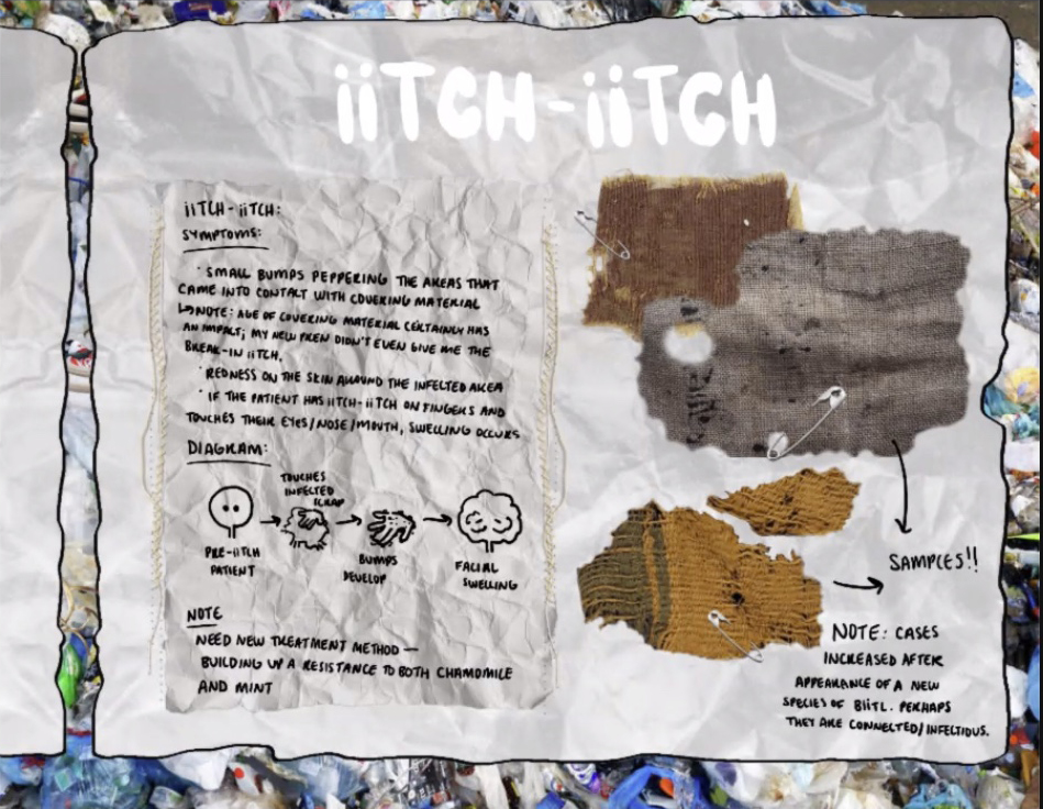 Emerging Media Arts student Olivia Jenkins created “The Book of Maladiis” to consider the ailments found on Planet JUNK, including “iitch-iitch,” which are small bumps that appear on areas that come into contact with covering material.
