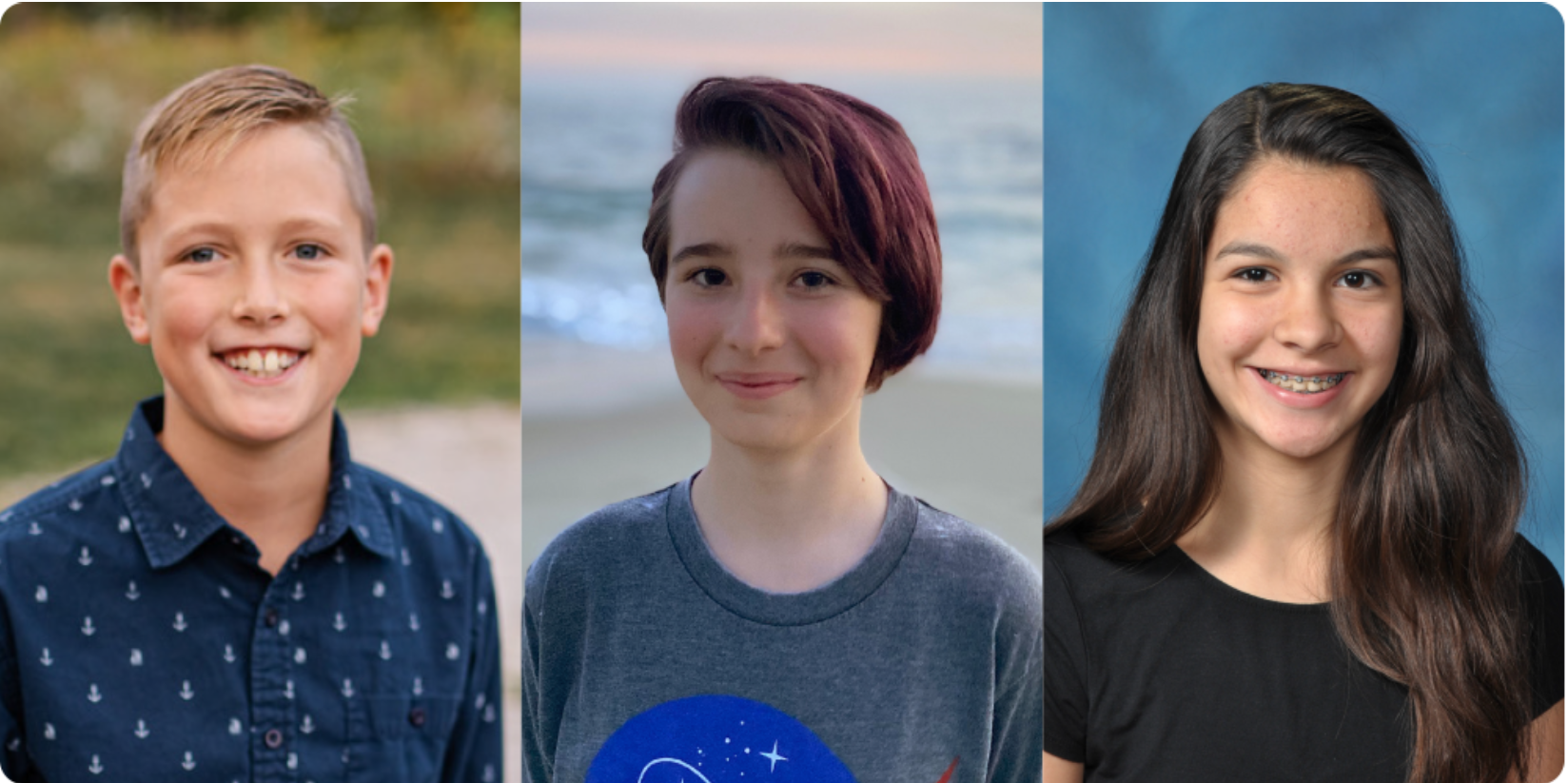 From left to right, students Austin Pritts, Taia Saurer, and Amanda Gutierrez have been named the winners of the Moon Pod Essay Contest for their creative visions of a journey to the Moon.