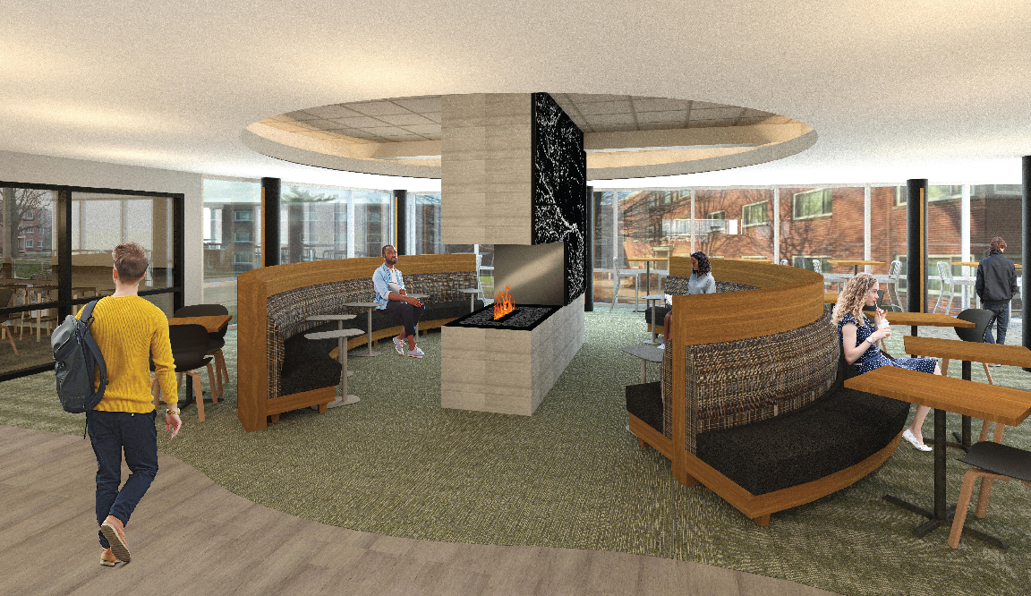 Rendering of the fireplace seating area in the Selleck Food Court.