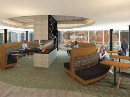 Rendering of the fireplace seating area in the Selleck Food Court.
