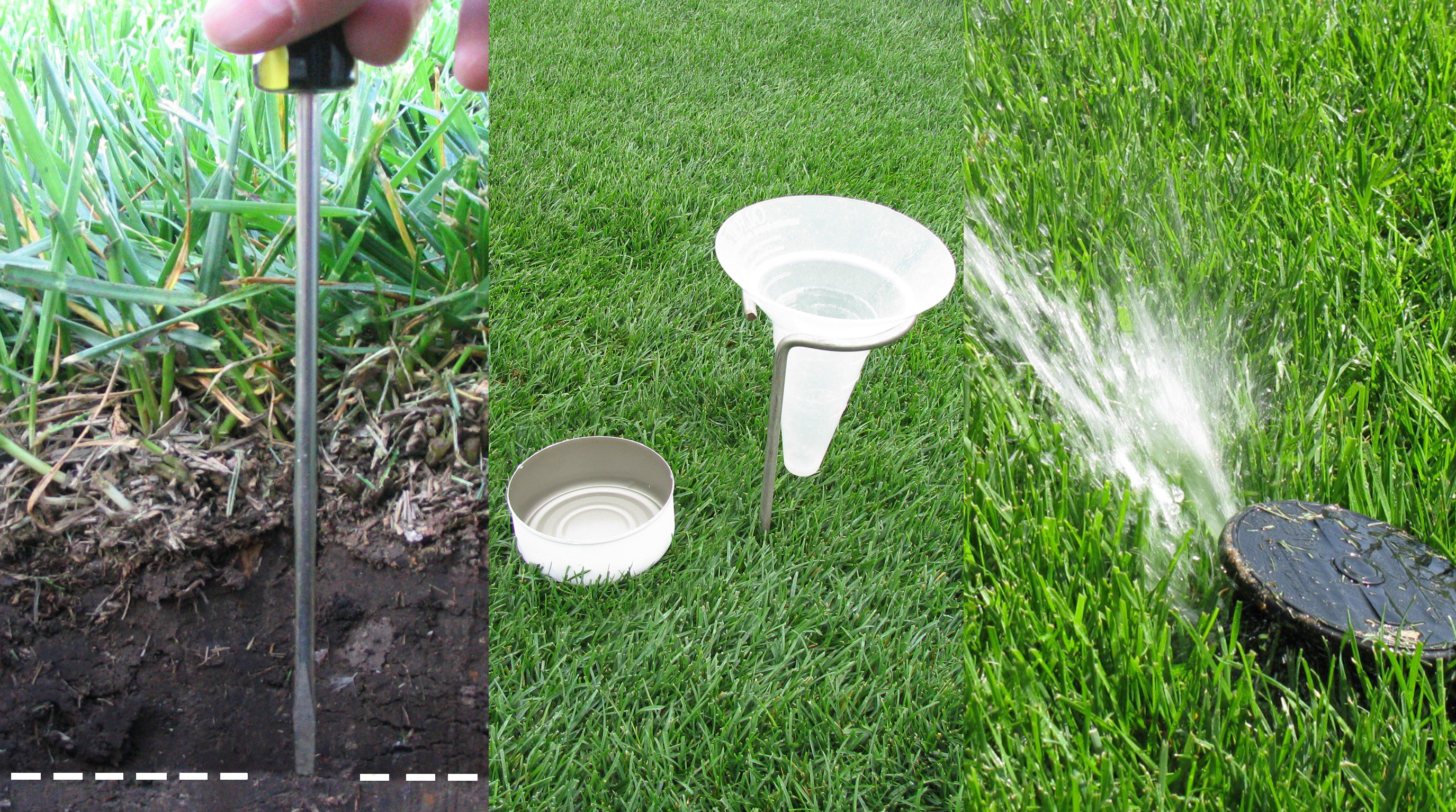 (Left) Screwdriver or other probe can help figure how deep water has penetrated soil. (Center) Irrigation water measuring devices can include a tuna can or catch cup. (Right) Irrigation head needing adjustment to set output nozzle higher above grass.