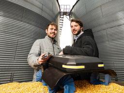 Ben Johnson (left) and Zane Zents recently won a Lemelson-MIT Student Prize for their grain-safety robot, the Grain Weevil.