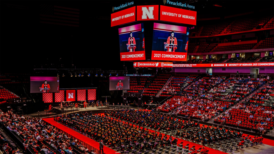The university will hold August 2021 commencement exercises in Pinnacle Bank Arena, shown here during the graduate ceremony on May 7. 