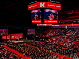 The university will hold August 2021 commencement exercises in Pinnacle Bank Arena, shown here during the graduate ceremony on May 7. 
