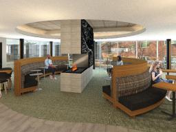 Rendering of the fireplace seating area being added in the update to the Selleck Hall food court.