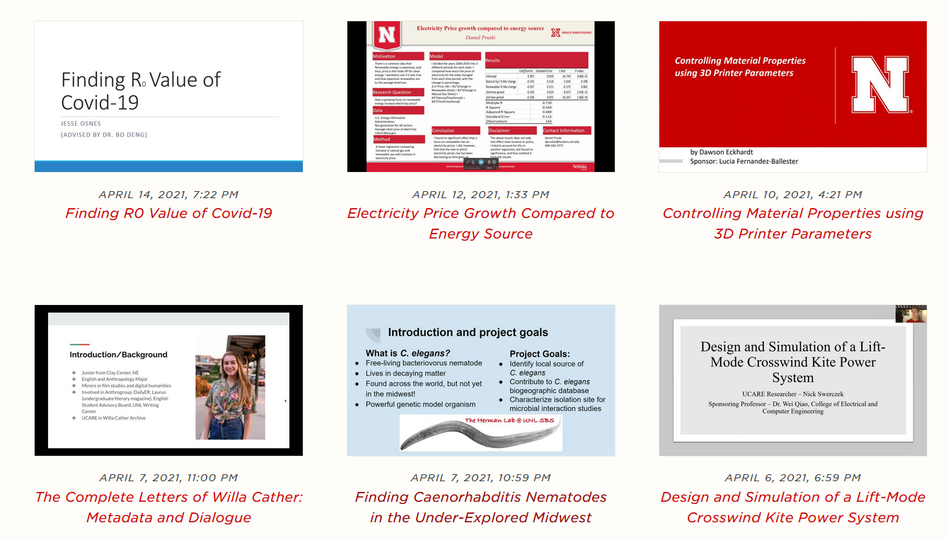 Video presentations from the Nebraska Student Research Days in April 2021