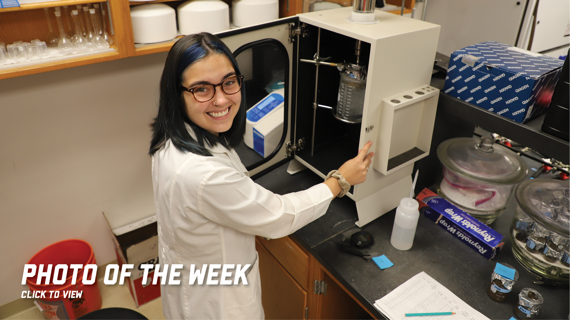Sophia Merritt, a sophomore horticulture major, is at work in Assistant Professor Andrea Basche’s lab learning the basics of an optimized ultrasonication method.