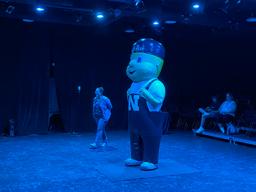 During the course “See the Light: Stage Lighting & Color” for Future Husker University, Assistant Professor of Theatre Michelle Harvey turned different colored lights on Lil’ Red so students could see what the popular mascot looked like with different sta