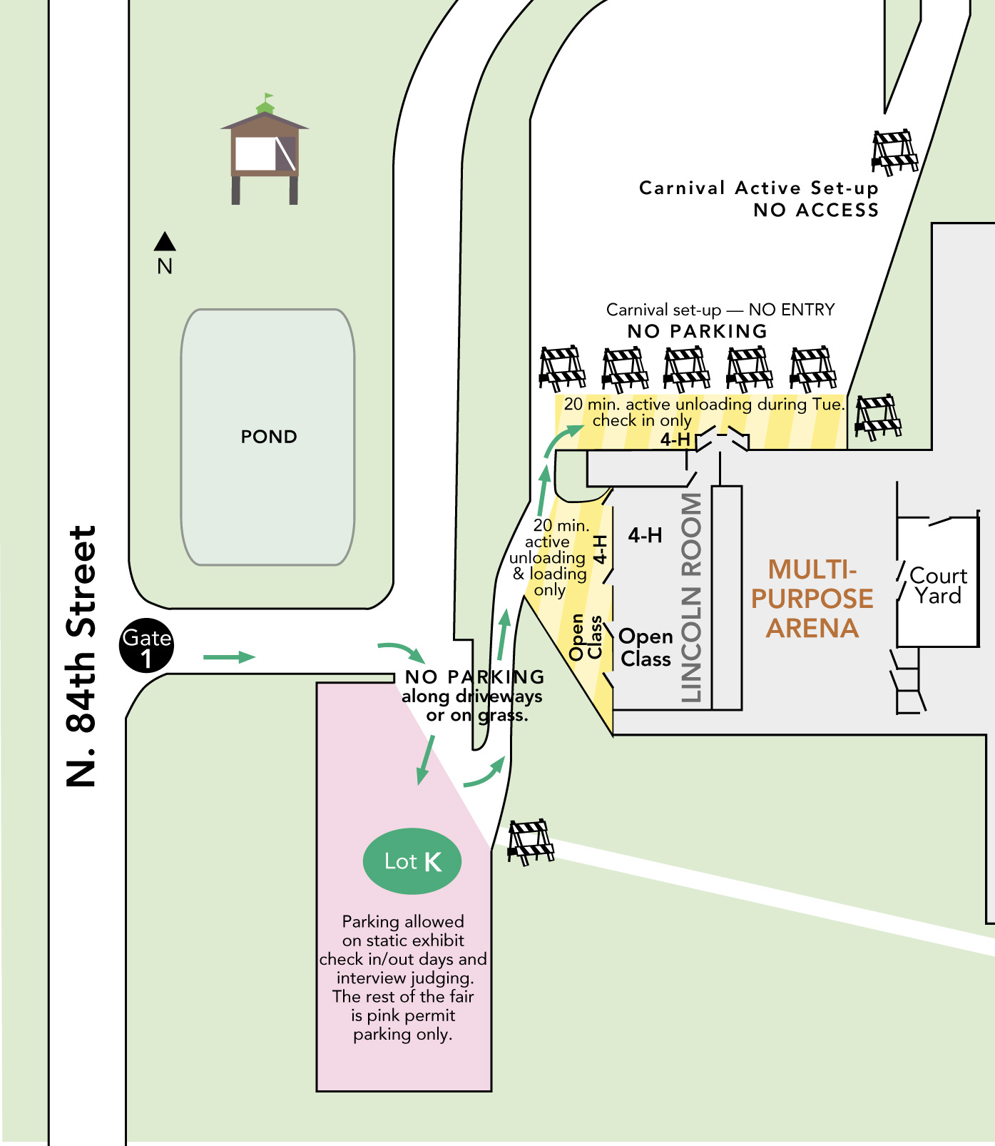 Map showing parking for static exhibit check-in/out ad interview judging days only.