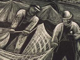 Elizabeth Olds, “Mending Nets,” wood engraving, circa 1935, 8” x 10 7/8”. Sheldon Museum of Art, University of Nebraska-Lincoln, Allocation of the U.S. Government, Federal Art Project of the Works Progress Administration, WPA-320.1943.