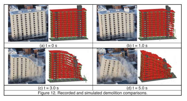 This side-by-side comparison shows real-time photos of the Pound Hall demolition and simulations created via a computer model that predicted how the structure would fall.