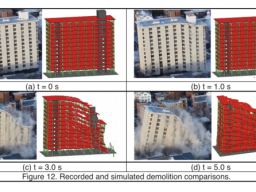 This side-by-side comparison shows real-time photos of the Pound Hall demolition and simulations created via a computer model that predicted how the structure would fall.