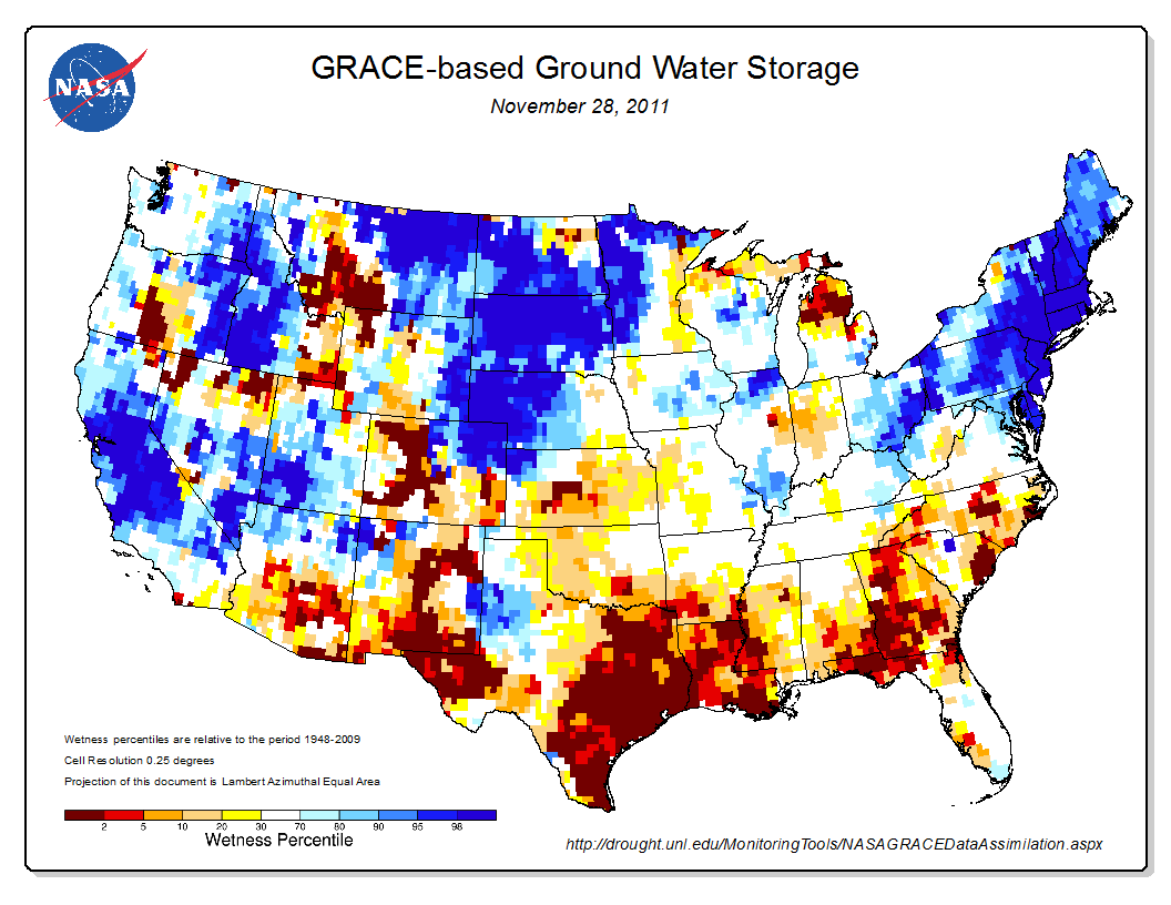 New groundwater and soil moisture drought indicator maps produced by NASA are available on the National Drought Mitigation Center's website. They currently show unusually low groundwater storage levels in Texas. 