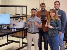 The team of Husker researchers and engineers working on the asphalt project includes (from left) Nitish Bastola, Khalid Al Washahi, Mahdieh Khedmati and Hamzeh Haghshenas Fatmehsari.