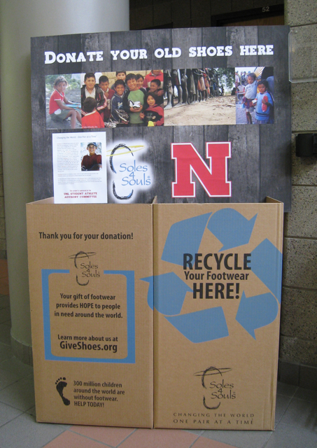 UNL students, faculty, and staff can drop off new and gently used shoes at donation boxes like this one in the Campus Rec Center. The Student Athlete Advisory Committee's goal is to collect 20,000 by the end of April 2012.