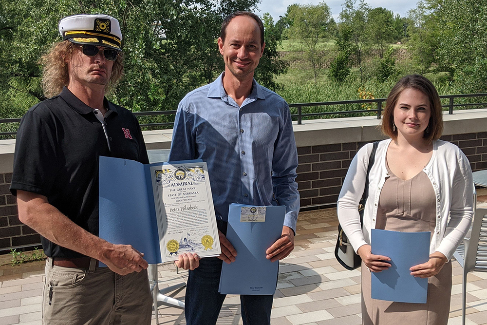 Peter Hilsabeck (left), Hunter Flodman (center) and Heather Newell were among the people honored by the state for their work producing hand sanitizer during the early stages of the COVID-19 pandemic.