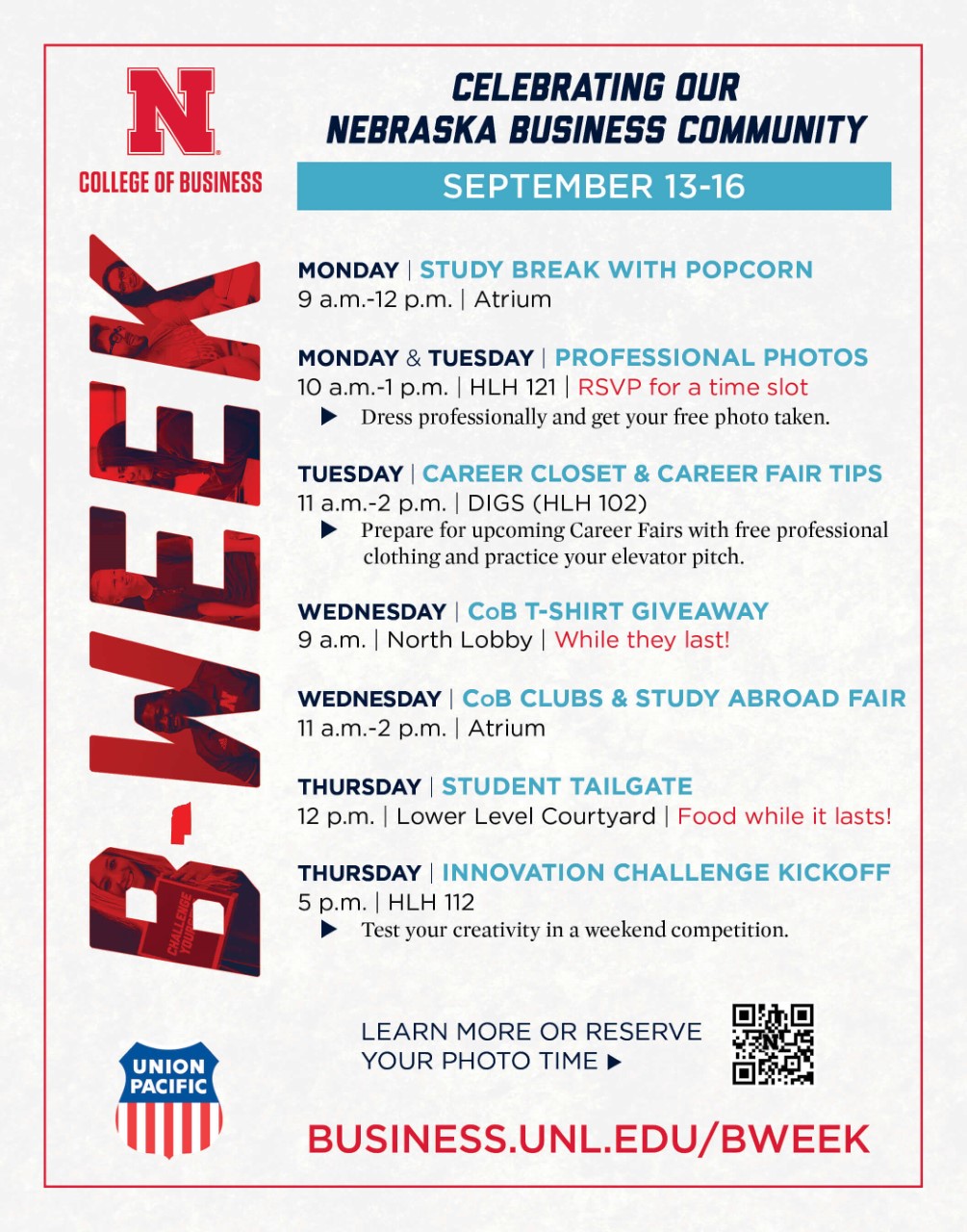 Graphic listing the schedule of events for Nebraska B- Week