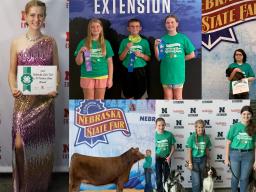 Clockwise from top left: 1 of 5 top Fashion Show awards, Horticulture Judging Contest Intermediate Team earned 1st place (one youth not pictured), Livestock Achievement Program Member of Excellence in rabbit project area, Beef Champion Red Angus Breeding 