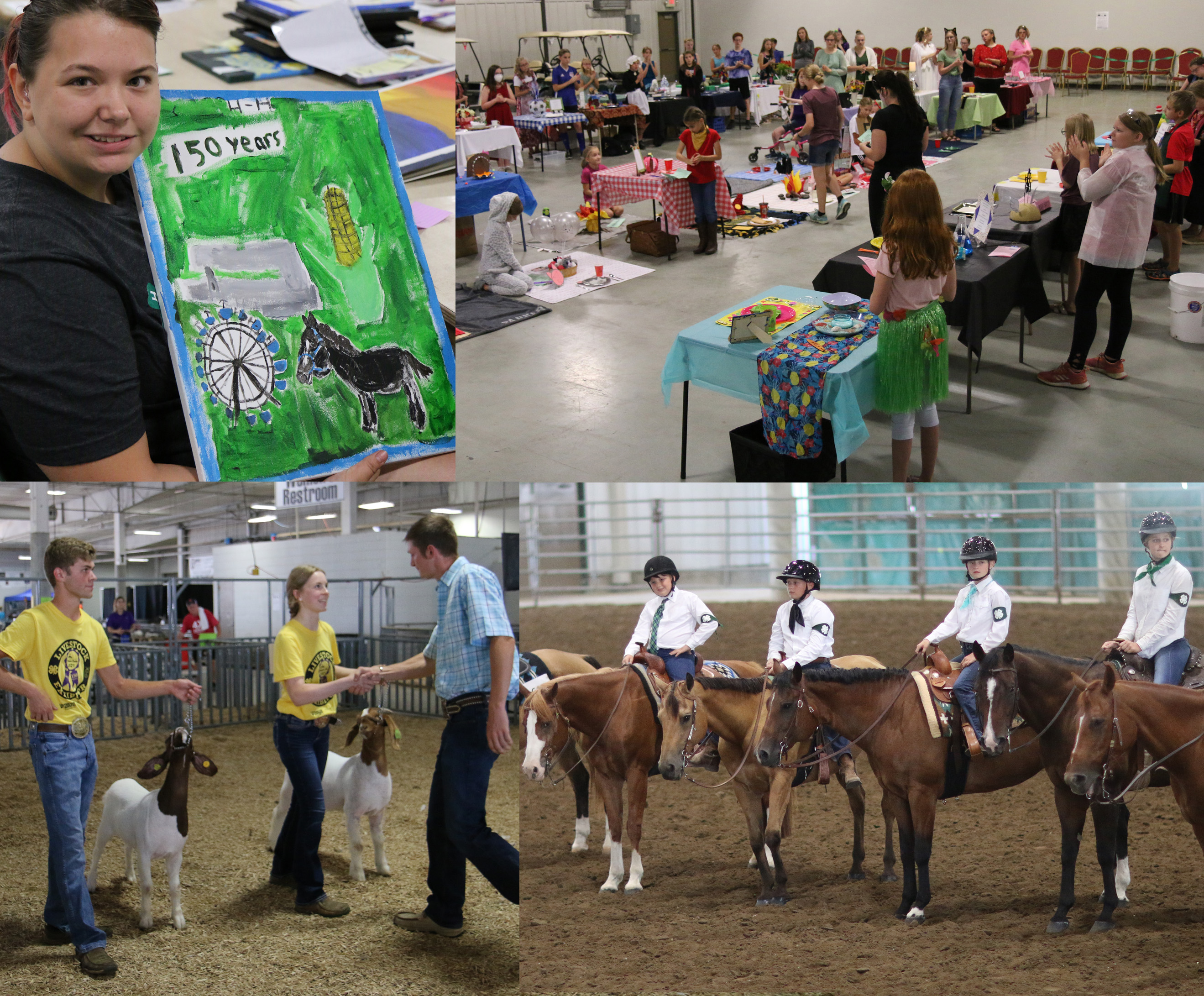 Clockwise from top left: a 4-H member holding her 150th anniversary-themed painting, 4-H Table Setting contest, one of the 4-H Horse Western shows, and the Meat Goat show.