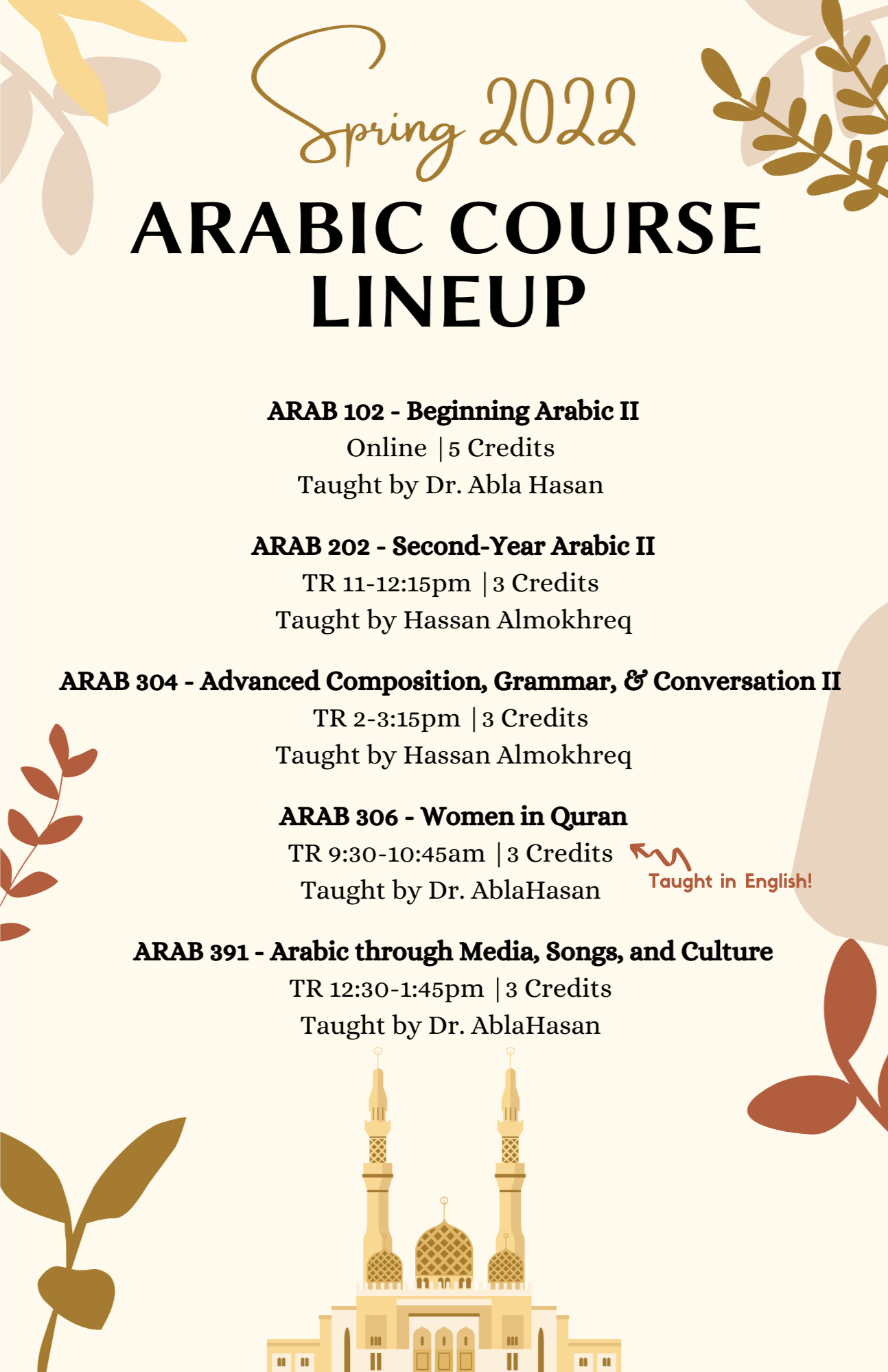 Spring 2022 Arabic Course Lineup