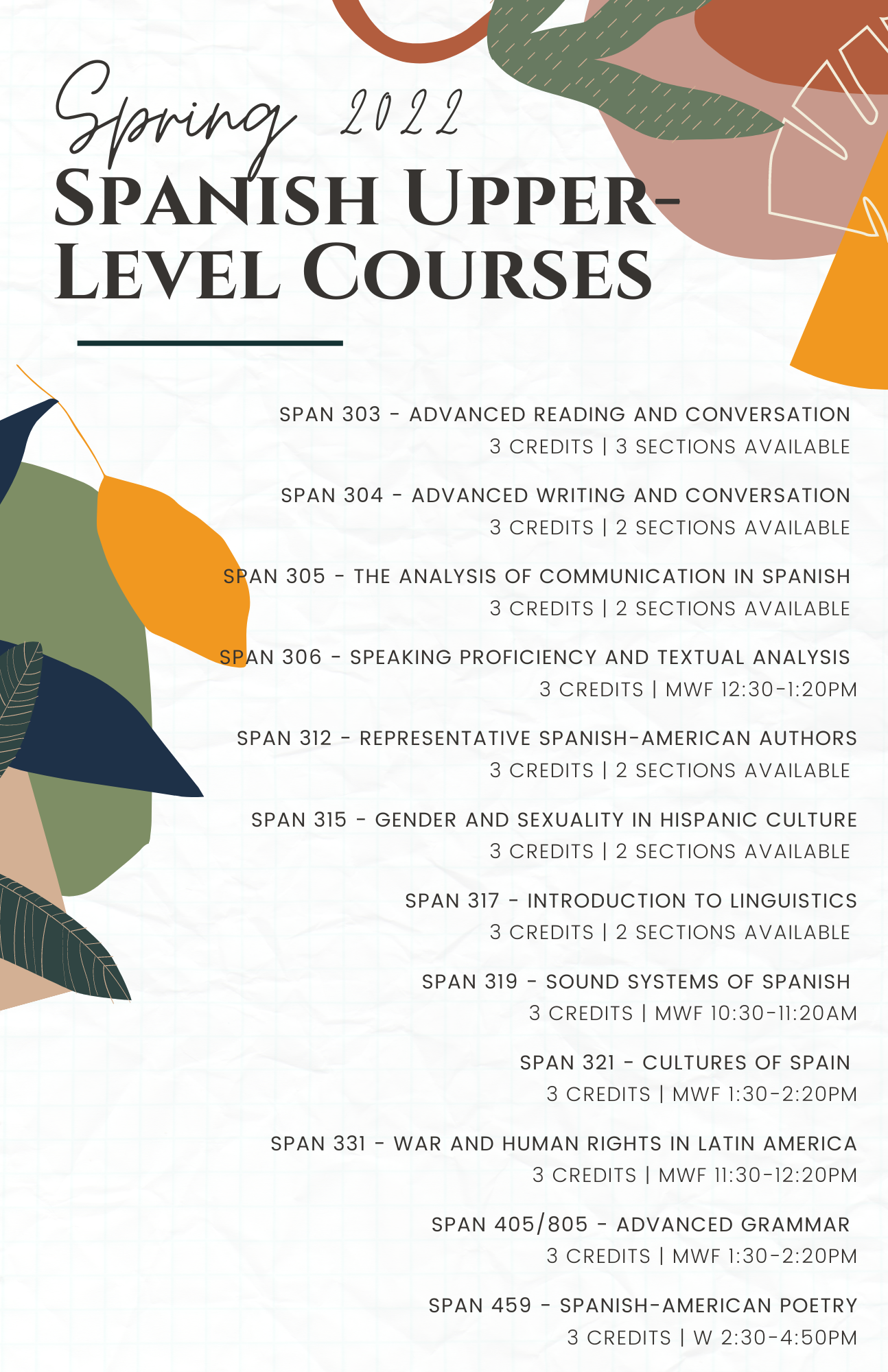 Spring 2022 Spanish Upper-Level Course Lineup