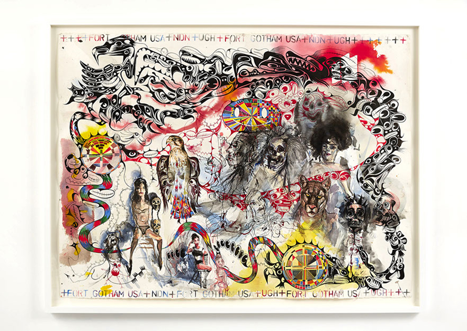 Brad Kahlhamer, “Fort Gotham USA+NON+UGH,” 45” x 59 ¾” x 64 ½”, framed, watercolor, ink and spray paint on paper, 2013.