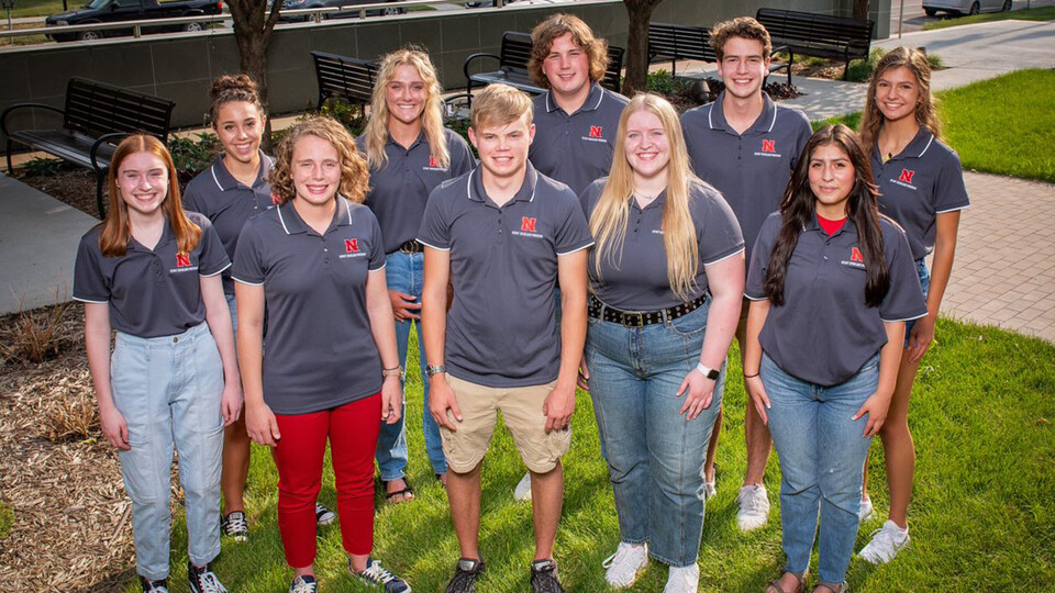 The inaugural cohort of Kiewit Scholars includes (from left) Grace Kerr, Taylor Hosick, Carolyn Fairchild, Nicole Dirks, Wyatt Cassidy, Scott Tvrdy, Hayden Wulf, Matt Feldmann, Felicity Sierra, and Rebeca Young.