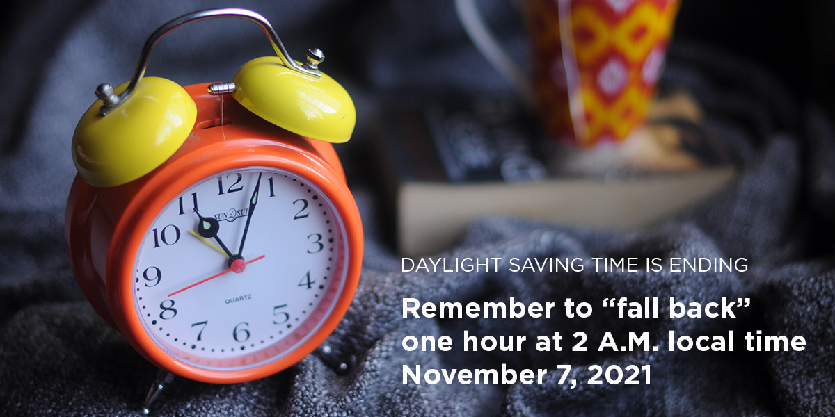 Daylight Saving Time is ending. Remember to "fall back" one hour at 2 A.M. local time November 7, 2021. [photo by Sanah Suvarna on Unsplash]