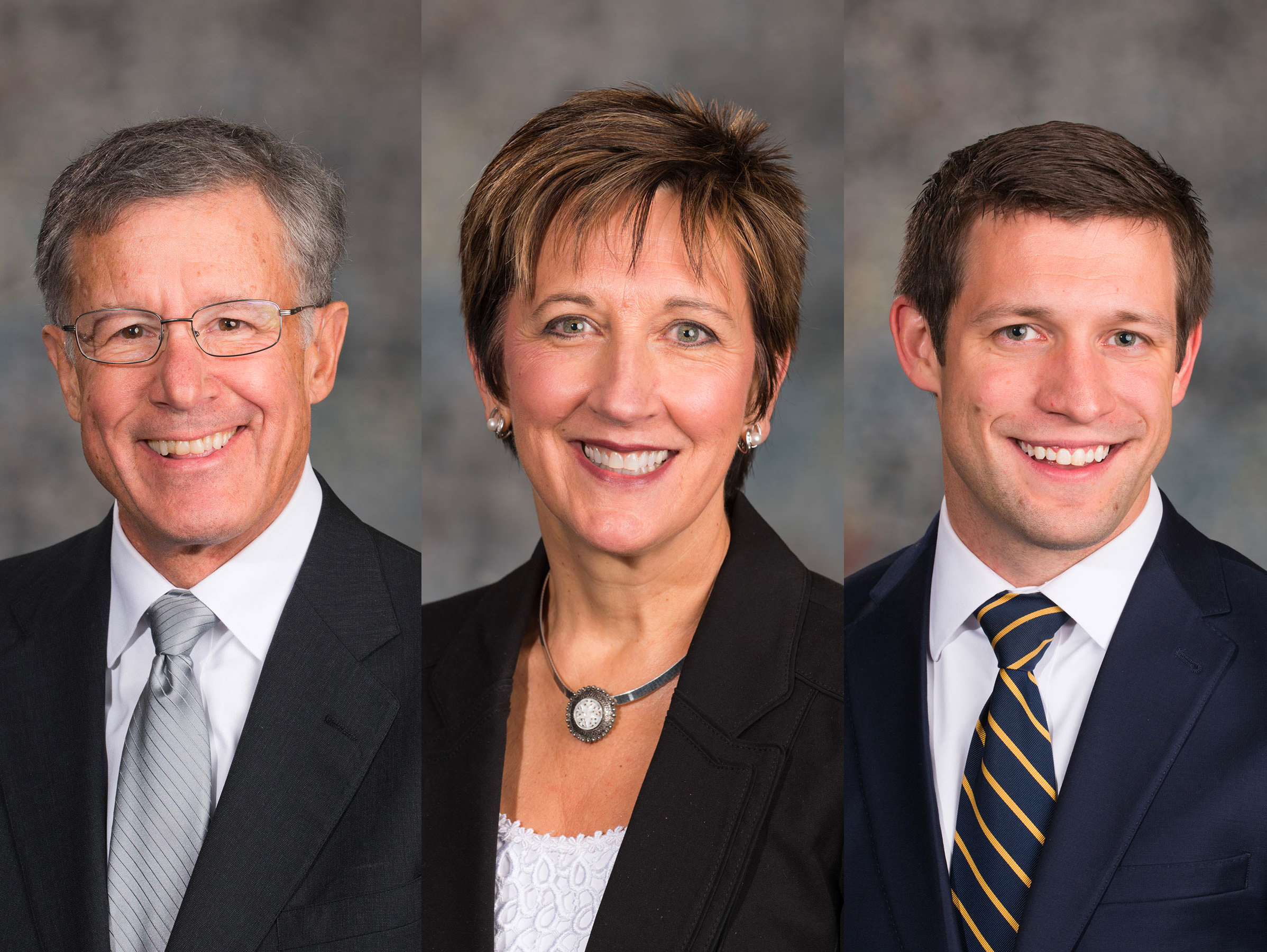 (Left to right) Nebraska state senators John McCollister; Patty Pansing Brooks; and Adam Morfeld. [photos from Nebraska Legislature]