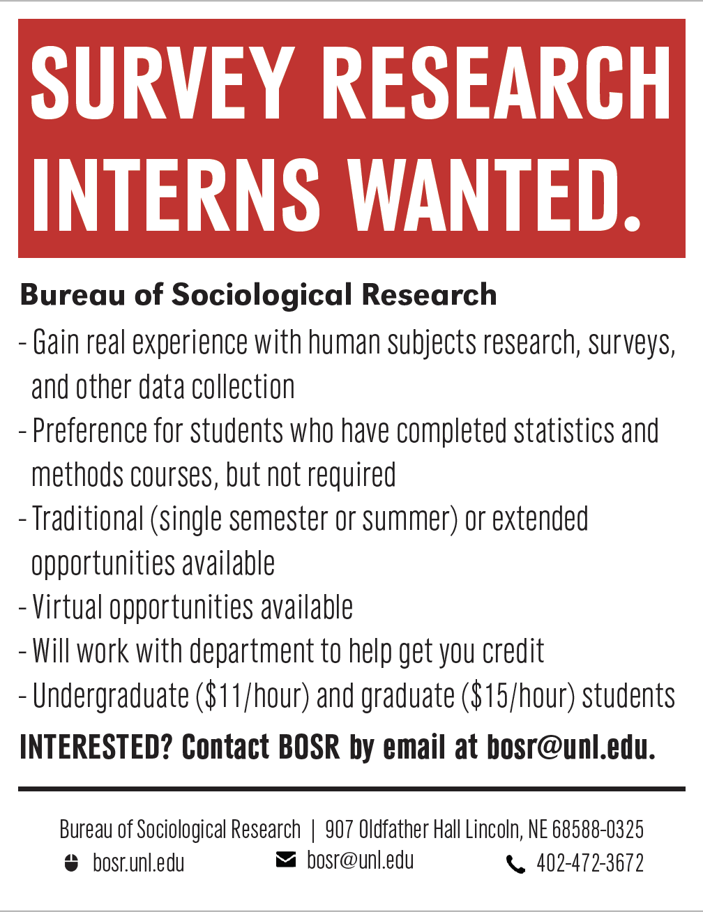 Graduate students hired to become survey research interns will receive $15/hour.