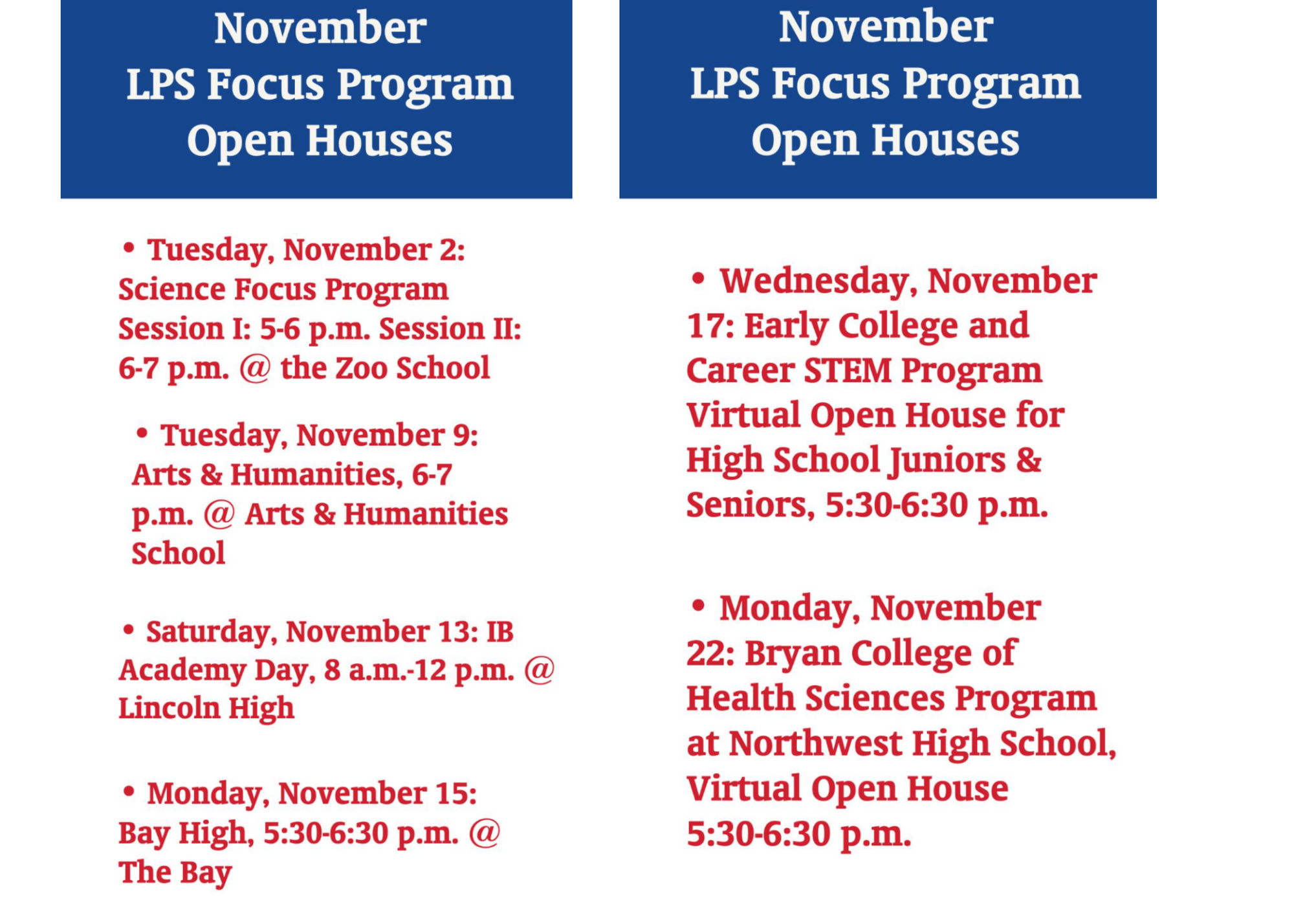 November LPS Focus Program Open Houses 